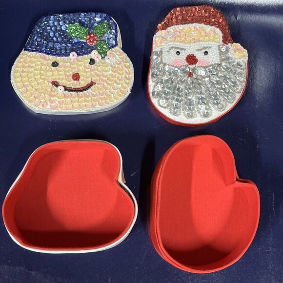 VTG Lot Of‎ 2 Satin Beaded Xmas Gift Trinket Box White Snowman & Red Santa  -D10 - Picture 3 of 8